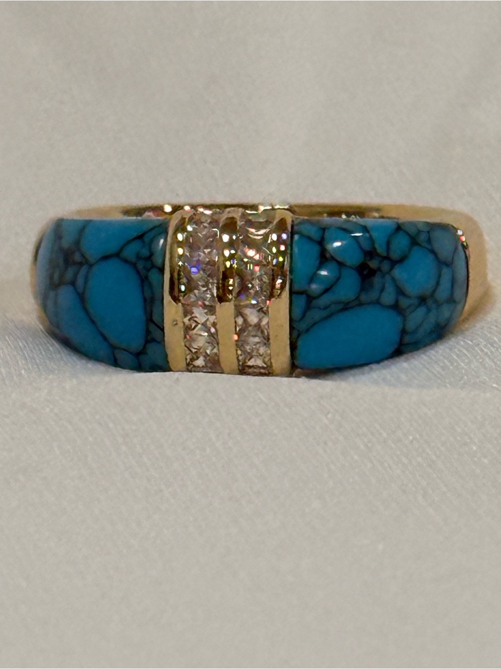 Gold-Tone Turquoise Inlay Ring with Clear Accents - Picture 2 of 7